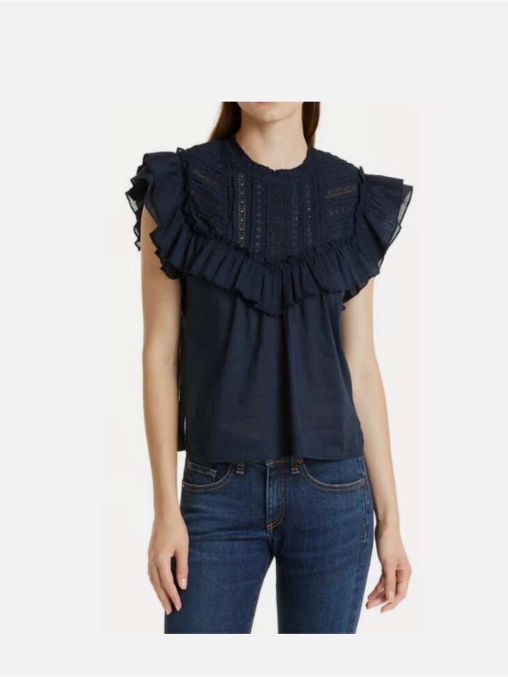 Veronica Beard Tamsyn Navy Ruffled Lace Yoke Blouse 2 $228